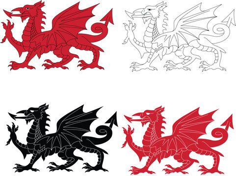 Red welsh dragon. Red dragon graphic sign. Welsh Pride. Dragon of wales.