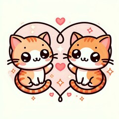 Adorable Cartoon Kittens Holding Paws with Heart Background
