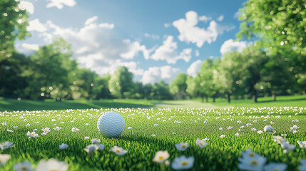 A golf ball on a tee surrounded by green grass and spring scenery under a clear blue sky at course season opening summer vacation 