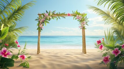 Fototapeta premium Tropical Beach Wedding Arch Surrounded by Lush Greenery and Flowers