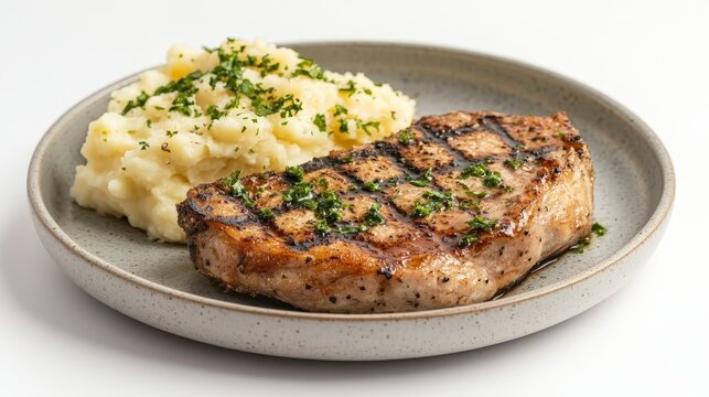 A plate featuring grilled pork chop and creamy mashed potatoes garnished with herbs.