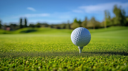 A golf ball on a tee surrounded by green grass and spring scenery under a clear blue sky at course season opening summer vacation 