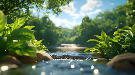 Fototapeta premium Scenic River Through Lush Green Forest with Sunlight and Smooth Flowing Water