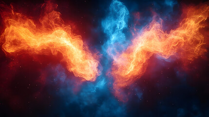 Naklejka premium A vivid depiction of red and blue flames swirling together in a blurred abstract motion symbolizing chaos energy transformation conflict and duality representing both harmony and discord in dynamic te