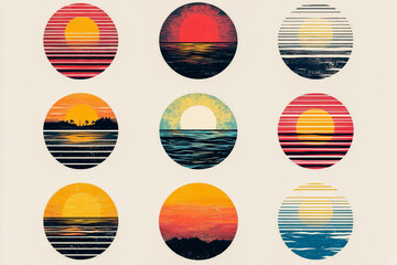 Set of Retro Sunset Vector Icons in Circle with Vintage Color Stripes