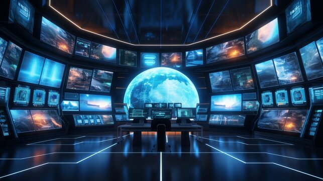 Futuristic high-tech control room with dynamic digital media wall and advanced technology interface - Powered by Adobe