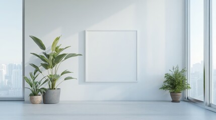 Expansive Minimalist Apartment with Greenery and Blank Canvas