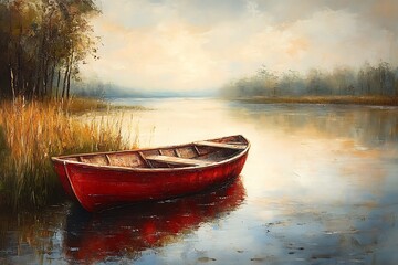 Serene Autumn Landscape with a Red Rowboat