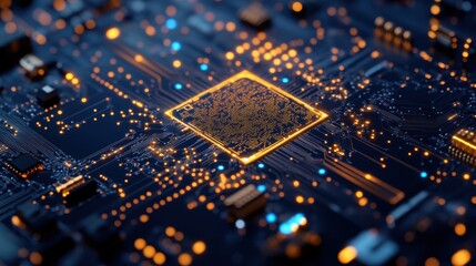A close-up view of a microchip on a circuit board, intricate gold traces, glowing blue connections, futuristic tech aesthetic