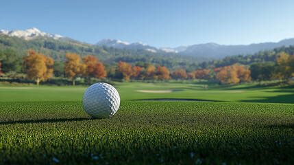 A golf ball on a tee surrounded by green grass and spring scenery under a clear blue sky at course season opening summer vacation 