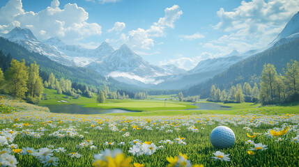 A golf ball on a tee surrounded by green grass and spring scenery under a clear blue sky at course season opening summer vacation 