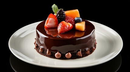 Decadent Chocolate Cake Topped with Fresh Berries and Melon
