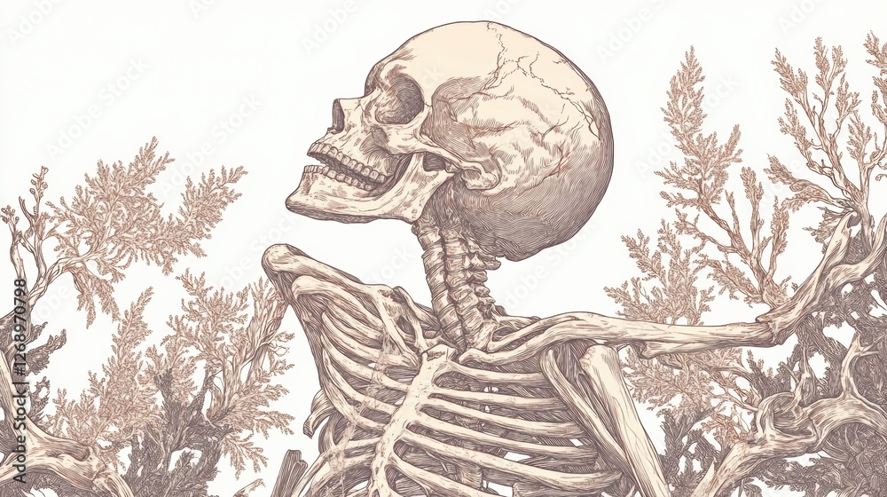 Poster Skeleton surrounded by foliage in an artistic rendition showcasing intricate bone structure and natural elements. Generative AI