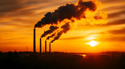 Obraz premium Silhouette of Industrial Smokestacks Emitting Fumes Against Golden Sunset Sky Air Pollution