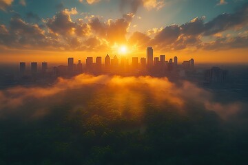 Fototapeta premium Sunrise over a City, Veiled in Mist