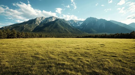 Fototapeta premium Vast green meadow beneath a clear blue sky with distant mountains in focus and realistic tones
