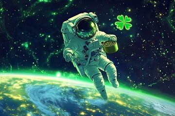 Fototapeta premium Astronaut floating in space holding a green container with a four-leaf clover near Earth during a starry cosmic adventure