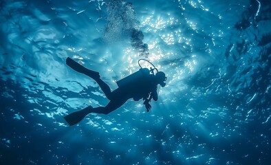 A Silhouette of a Scuba Diver Exploring the Deep Ocean Depths