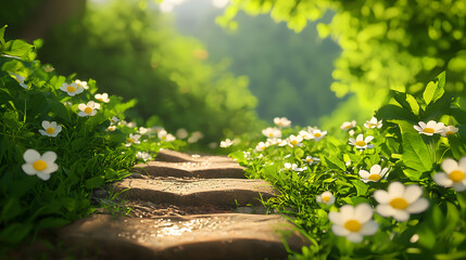 Fototapeta premium Stone Pathway with White Flowers in a Lush Green Field under a Sunny Sky