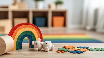 Wood Desk for Child or Kindergarten Interior Concept, Colorful Wooden Desk Setup Featuring Rainbow Puzzle and Soft Felt Bears in Bright Playroom Environment