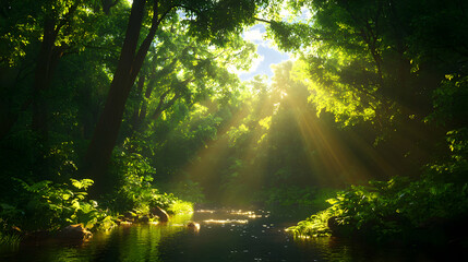 Fototapeta premium Sunlight Filtering Through Verdant Forest Canopy Illuminating a Gentle Stream in Peaceful Natural Background