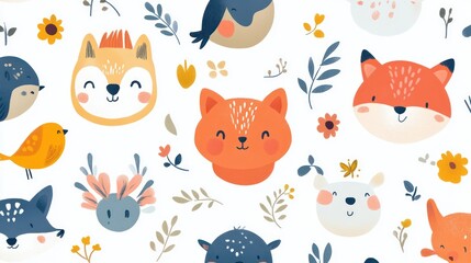 Cute animal faces floral pattern;  kids fabric design