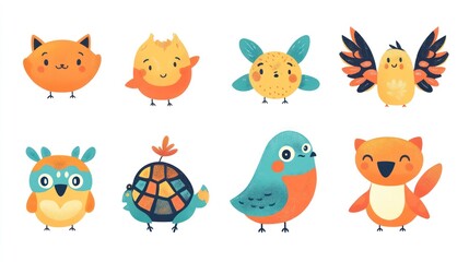 Cute cartoon animals illustration; playful, colorful birds, cats, and turtles; white background; for children's book