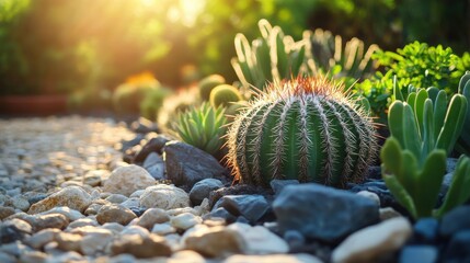 Close-Up View of Cactus Surrounded by Stones and Succulents at Sunset