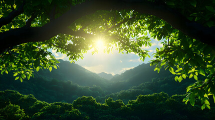 Sunlit Forest Canopy with Lush Green Trees and Distant Mountain Views in Daylight