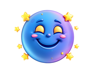 A Whimsical Blue Moon Character Surrounded by Gleeful Stars in a Vibrant Cartoon Style