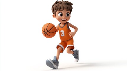 3D cartoon teenage basketball player bouncing the ball isolated white background