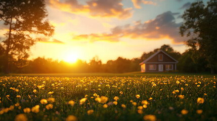 Sunset Over Field of Dandelions with House in Background with Warm Light and Golden Sky