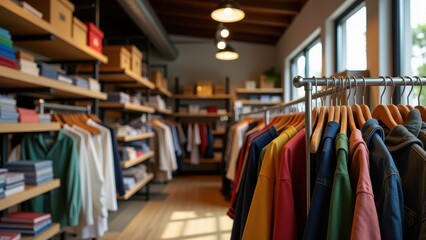 Used clothes rack, A vintage shop with a clear background vibrant hanging clothes in focus photorealistic.