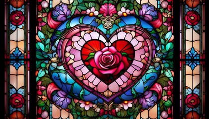 Intricate Stained Glass Heart with Floral Motif
