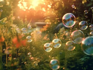 Joyful scene of sunlit soap bubbles in a warm, natural environment with a carefree vibe