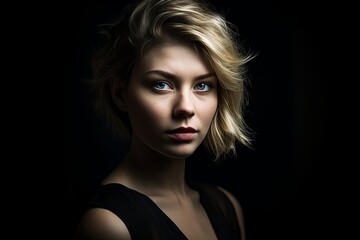Fototapeta premium Dramatic high fashion portrait of a young woman in elegant pose against a matte black background