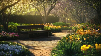 Tranquil bench amidst blooming flora in a serene spring garden landscape