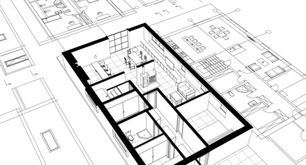 residential architecture house plan 3d illustration