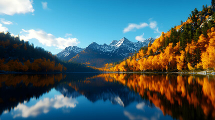 Fototapeta premium Vibrant Autumn Foliage Reflecting on a Mountain Lake Under a Clear Blue Sky with Distant Snow Capped Peaks