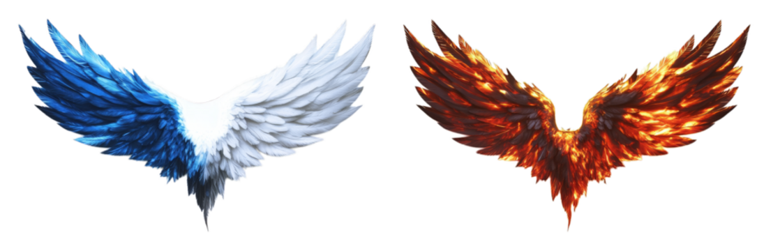 Vibrant blue and fiery red angel wings. Isolated on transparent background. Generative AI - Powered by Adobe