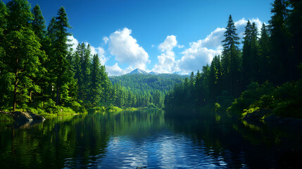 Vibrant Green Forest and Azure Sky Reflecting on Calm Lake Surface Under Bright Sunlight