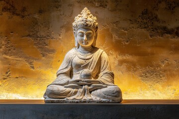 A serene stone buddha statue sits against a textured wall