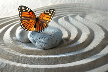 Fototapeta na wymiar Serene minimalist scene orange butterfly on pale rock with swirling raked sand in warm tones