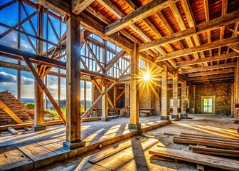 Fototapeta premium Historic Building Restoration: Old & New Wooden Beams Panoramic