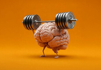A stylized image of a brain lifting weights on an orange background