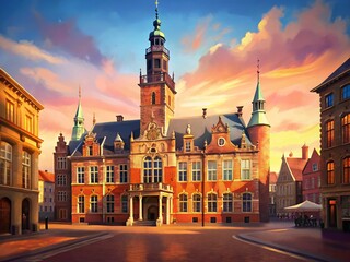 Fototapeta premium Historic Old Town Hall, The Hague, Netherlands: Charming Dutch Architecture with Copy Space