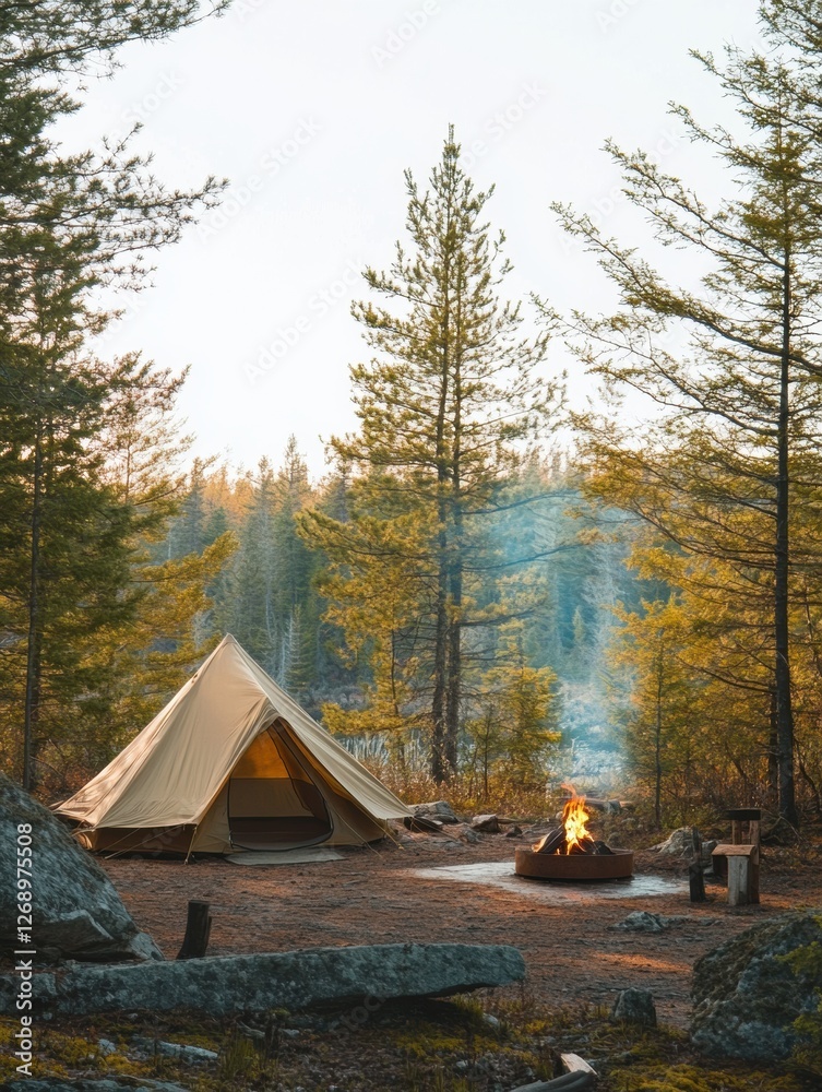 Poster peaceful camping setup in a serene forest during autumn with a crackling fire and crisp air. generat
