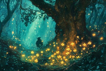 Obraz premium Mystical forest illuminated by glowing flowers and soft light at dusk