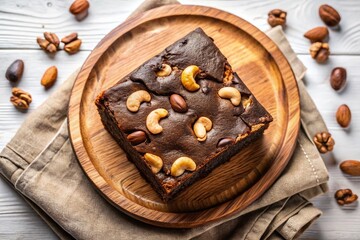 Homemade Chocolate Brownie with Cashew Nuts – Delicious Dessert on Wooden Plate, Top View
