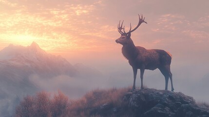 Majestic stag sunrise mountaintop serene landscape nature